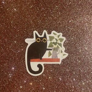 Black Cat Sticker with Plant Design